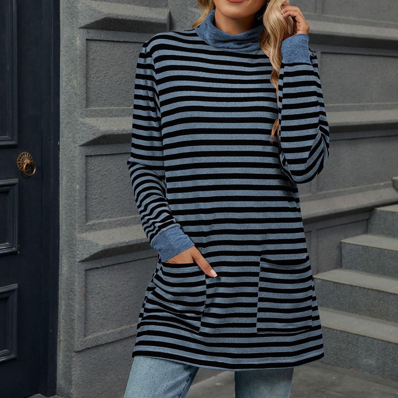 Женская модная повседневная полосатая трикотажная футболка с круглым вырезом и длинным — фото 4