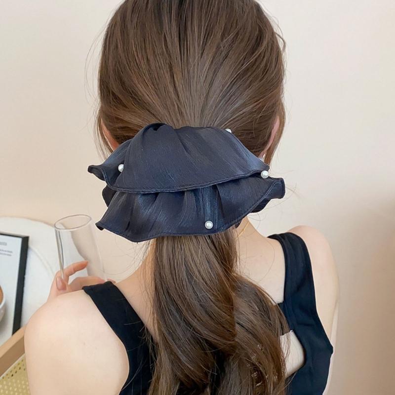 Übergroße Haargummis mit plissiertem Mesh und Perlendetail, Zopfgummi, modische Haaraccessoires für den täglichen Gebrauch
