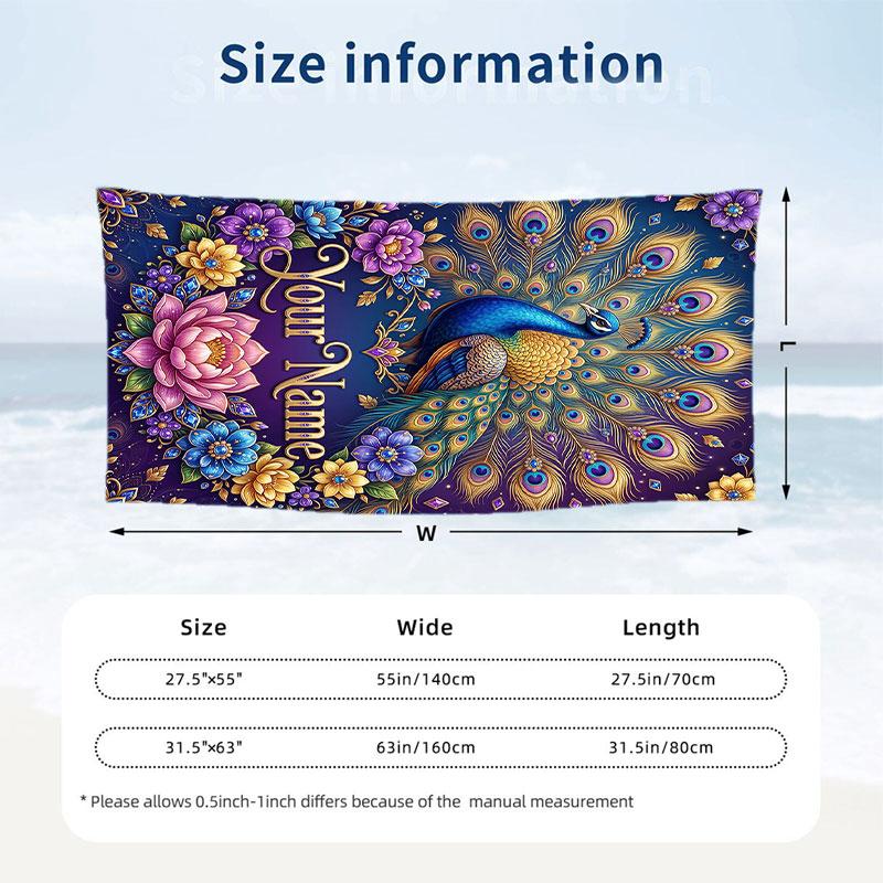 Peacock Floral Artwork Theme Quick Dry Beach Towel Custom Name Text Print Large Sand Resistant Towel Beach Vacation