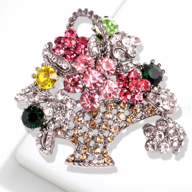 Floral Basket Brooch Pin with Crystal-Look Detail, Vintage Decorative Accessory for Sweaters Coats Scarves and Bags