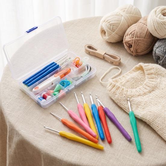 Crochet Hooks Set for Beginners Metal Set, Includes Yarn Needles Stitch Markers Tape Measure, with Essentials Projects Storage Case, Soft Rubber
