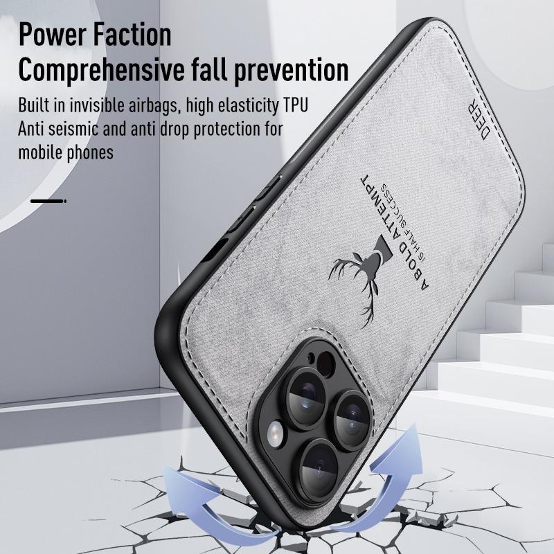 Luxury Cloth Leather Texture Deer Head Pattern Case For iPhone 16 15 14 13 12 11 Pro X XR XS Max 7 8 Plus Shockproof Soft Cover