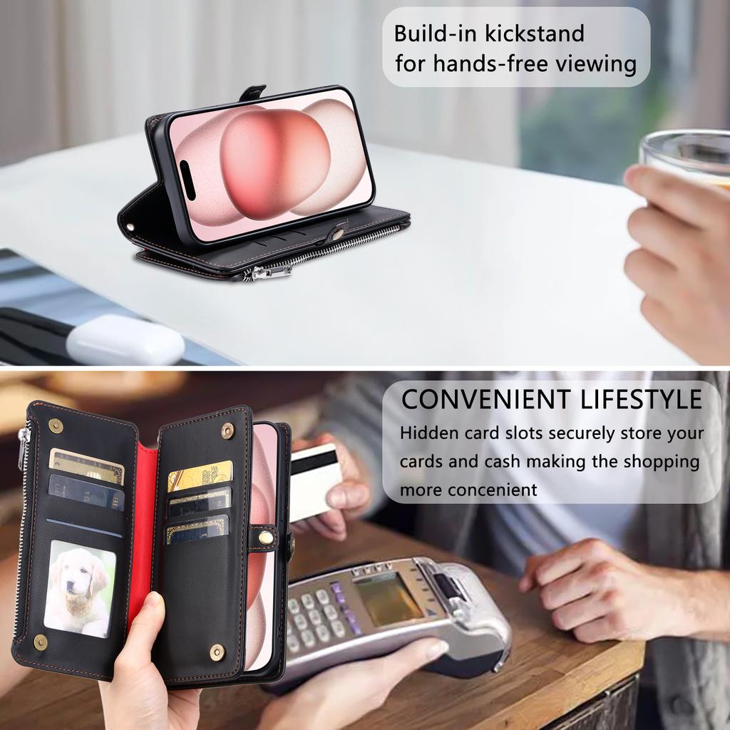 For iPhone 17 Pro Max Case TPU+PU Leather Wallet Phone Cover with Wrist Strap