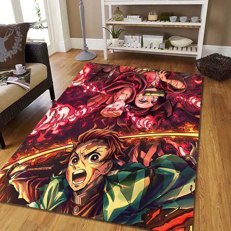 Tanjiro Kamado Flannel Pattern Square Carpet,Area Rug,Carpet Rug for Living Room Bedroom Sofa Playroom Decor,Non-slip Floor Mat
