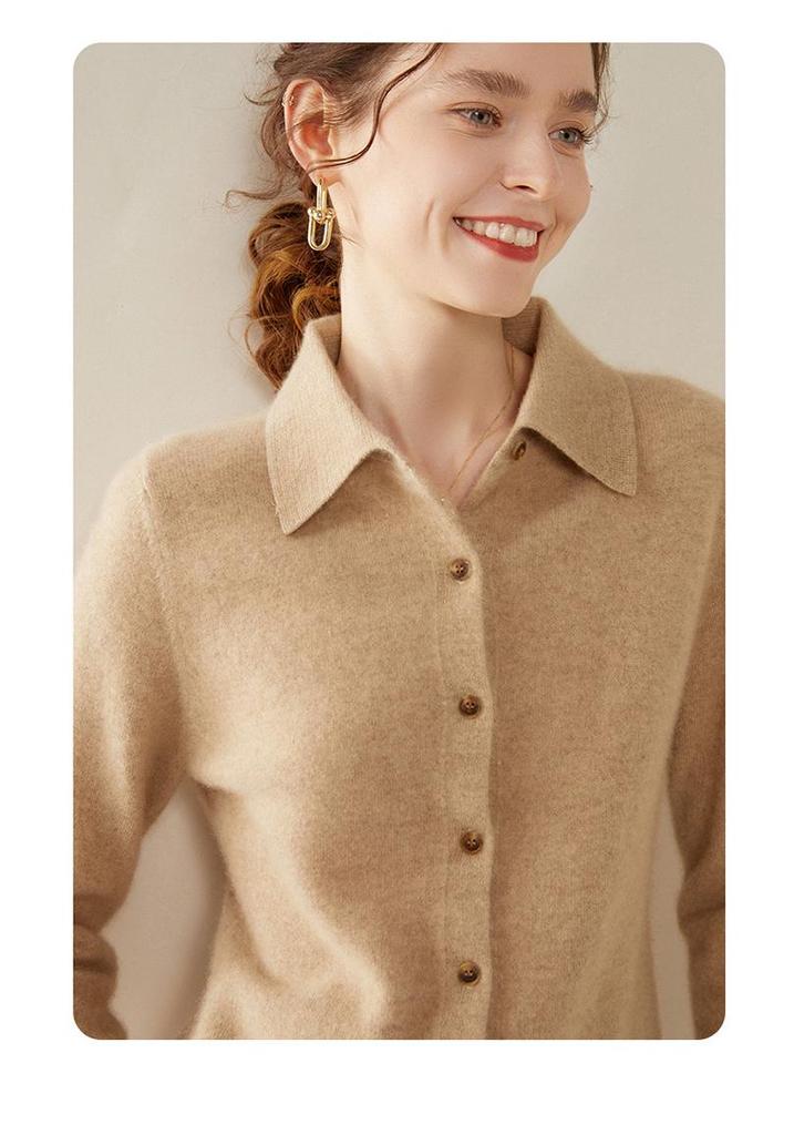 Women's Elegant Cashmere Knit Polo Cardigan - Slimming Autumn/Winter Base Layer