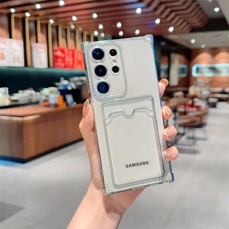 Clear Shockproof Wallet Card Phone Case for Samsung Galaxy S24 Ultra S23 S22 S21 S20 FE Note 20 10 Plus Soft TPU Camera Protection Cover