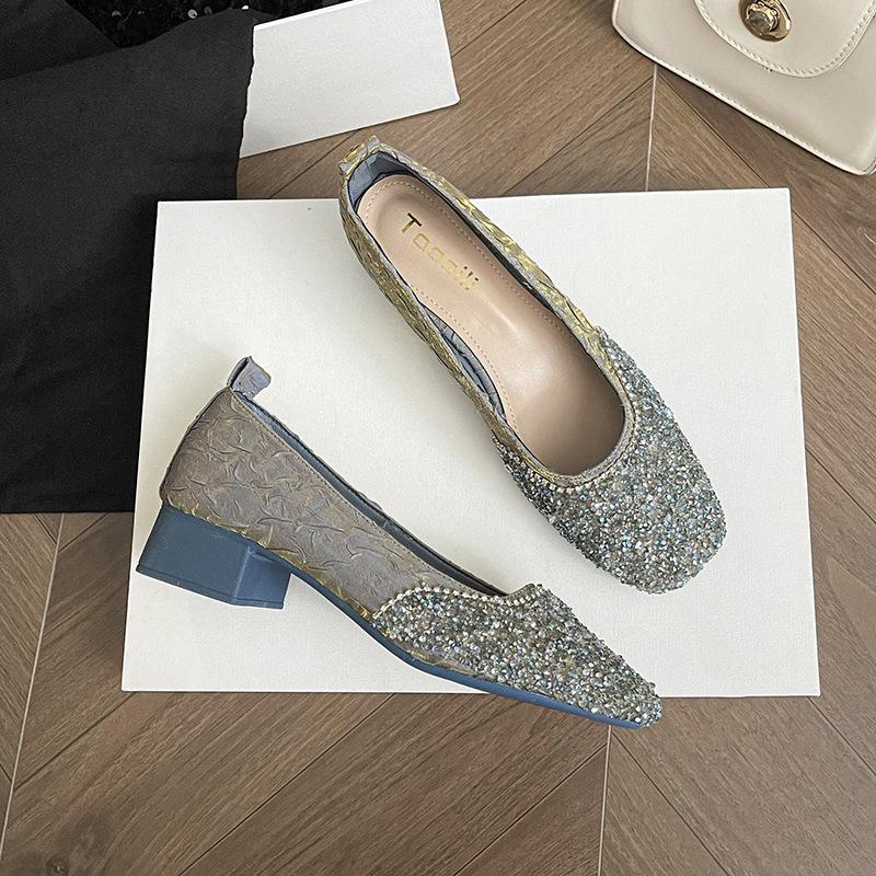 

Темпераментные туфли со стразами женские летние новые на толстом каблуке с открытой носочной частью под юбку туфли-лодочки удобные 40 синий