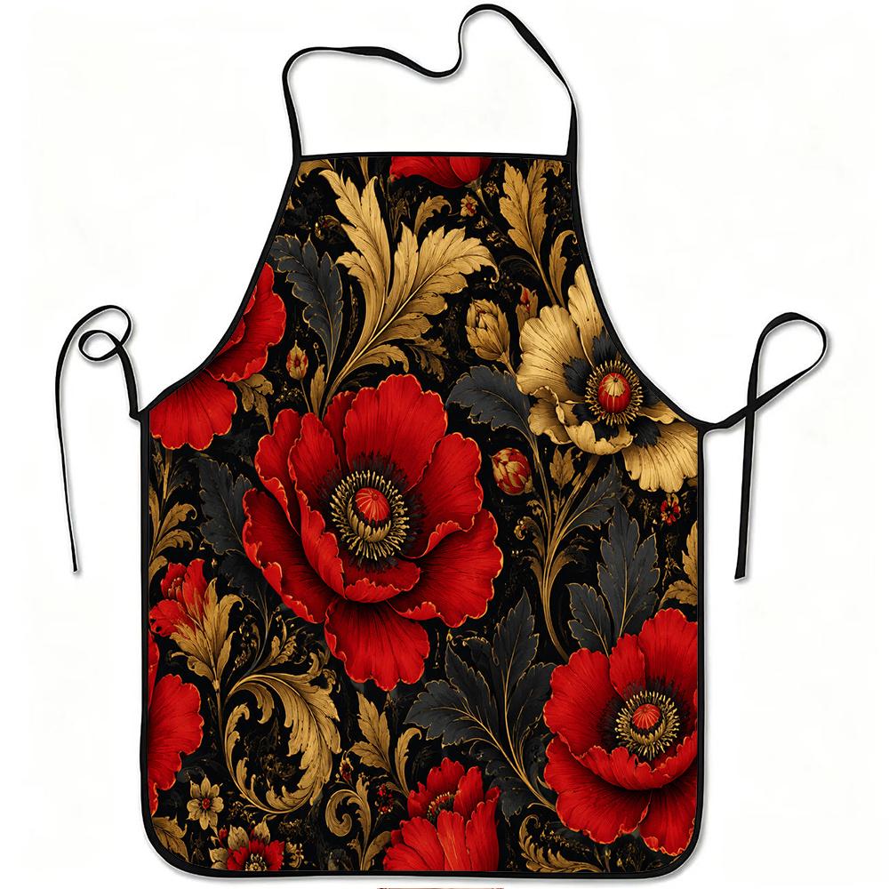 1pc Red And Golden Vintage Floral Print Apron, Durable And Easy To Clean, Adjustable Waistband, Polyester Material, for Kitchen Cooking, Gardening, Or