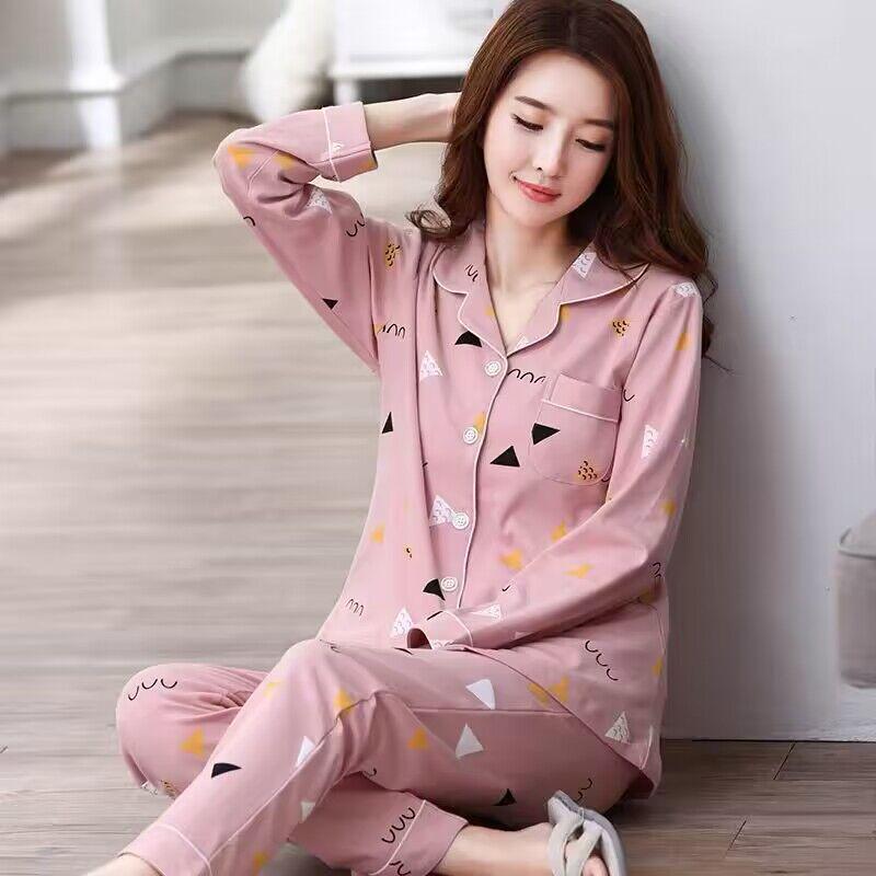 Damen Übergröße Baumwoll-Cardigan-Pyjama-Set - Langärmlig, Zweiteilig, Perfekt für Herbst/Frühling