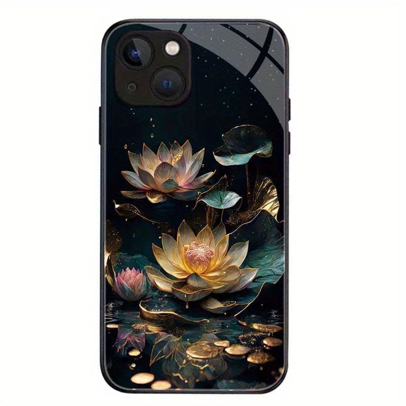 Lotus Pattern Anti-Fall Tempered Glass Phone Case For iPhone 11 12 13 14 15 16 17 Pro Max 17Air 16E 7 8 Plus XR XS X Cover
