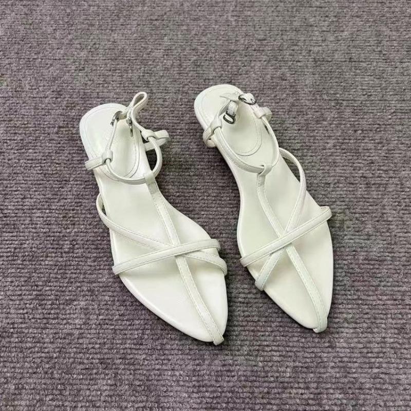 

Fashion Soft Leather Flats Summer Temperament Pointed Cross Thin Strap Metal Buckle Line Strap Non-slip Sandals 35 бежевий