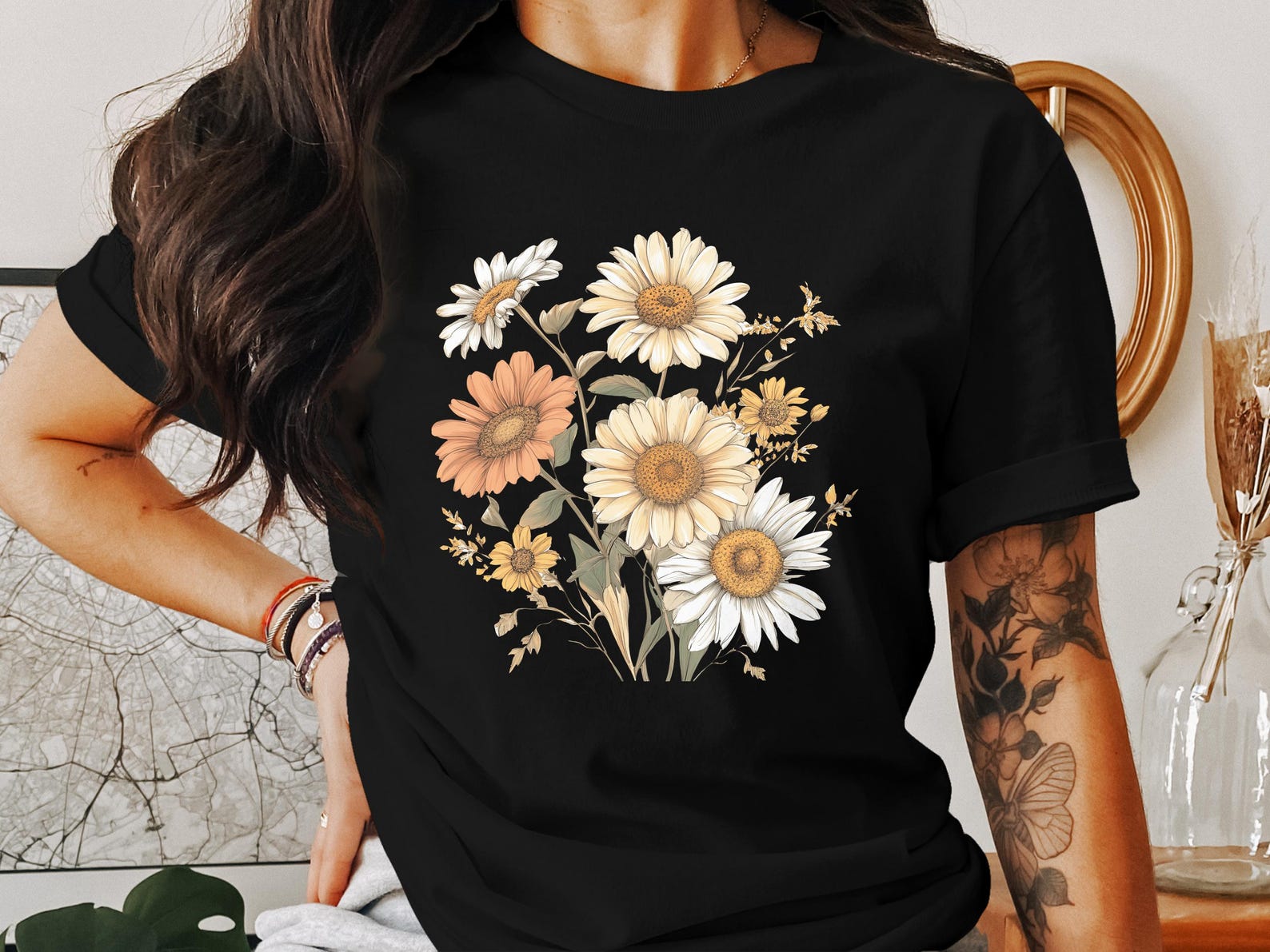 Cottagecore Daisy T-Shirt, Floral Graphic Tee, Spring Summer Top, Cute Boho Shirt, Vintage Flower Print, Aesthetic Women s Clothing 3XL