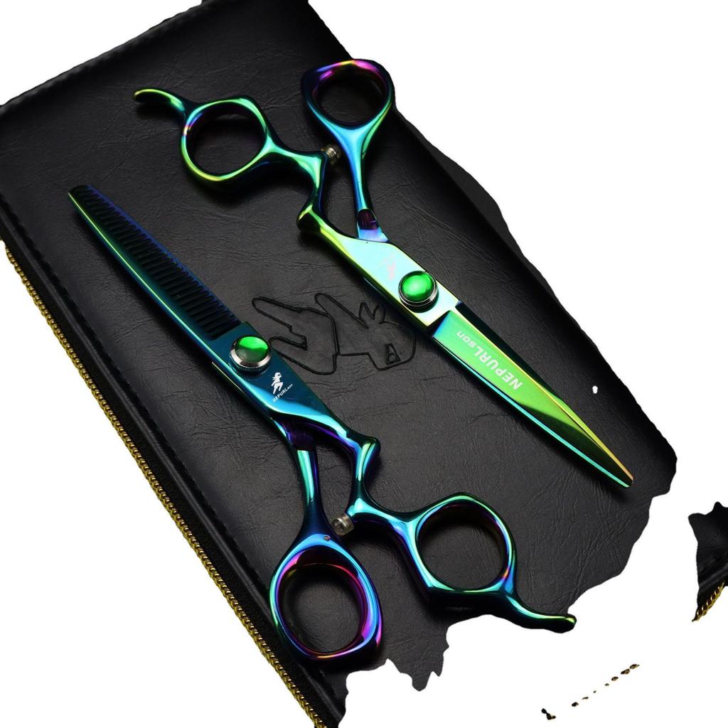 6.0" Napson Green Curved Handle Hairdressing Scissors - Barber Shears, Bangs Scissors, Thinning Shears