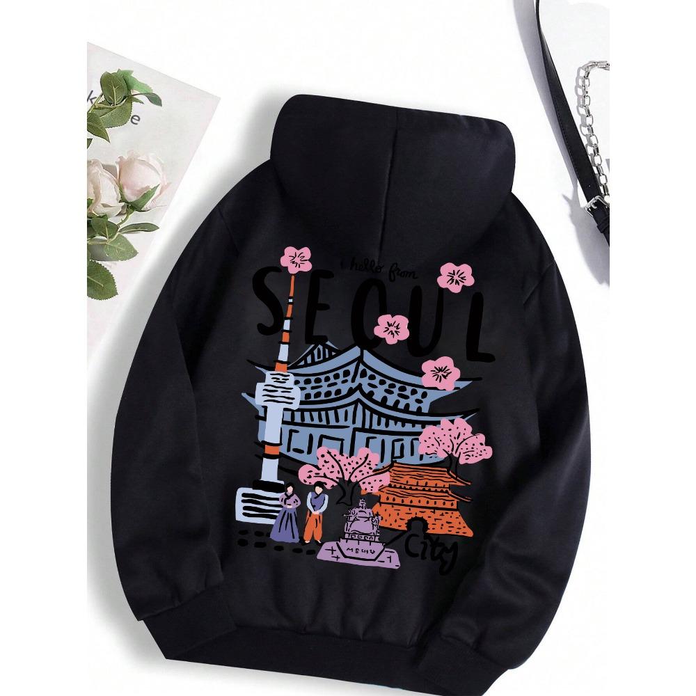 Seoul Beautiful Scenery Printing Womens Hooded Warm Fleece Comfortable Hoodies Simple Soft Hoodie Street Casual Loose