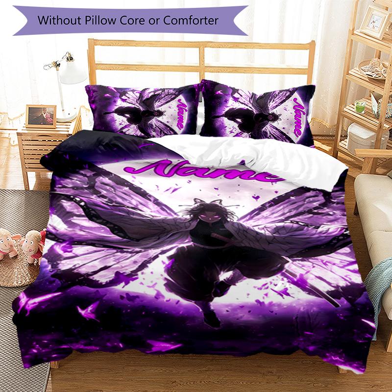 3pcs Custom Name Demon Slayer Shinobu Kocho Bedding Set Duvet Cover Closure Includes 1 Duvet Cover & 2 Pillowcases for All Seasons Bedroom Decor