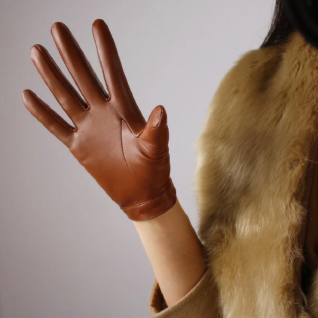 Women's Brown Leather Gloves Motorcycle Driving Short Wrist Hallow Back Button Closure TECH Genuine Sheepskin Glove Cosplay