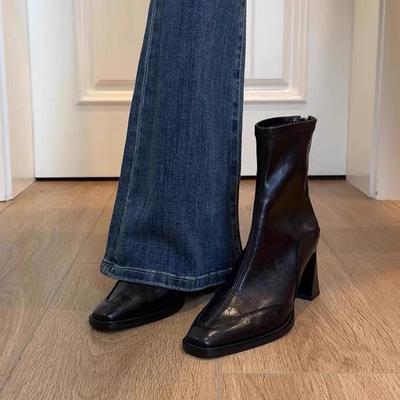 Korean Chunky Heel Square Toe Ankle Boots - Retro Elastic Slimming Design with Back Zipper for Women.