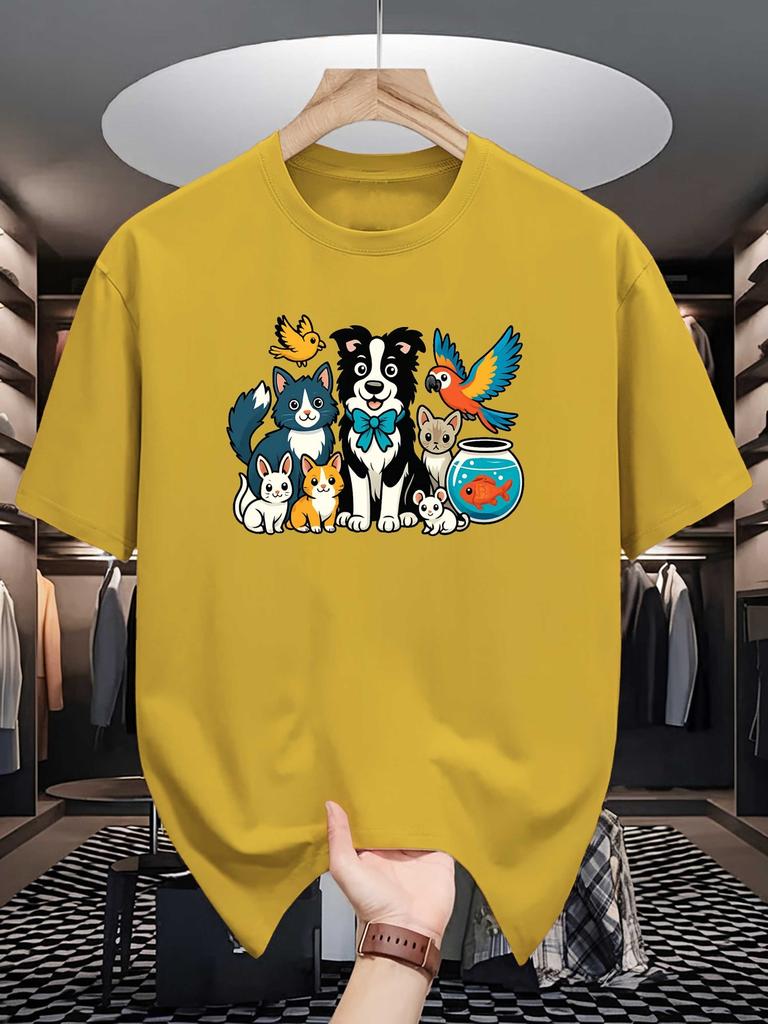 Unisex Crew Neck Tee Lovely Multi Pet Animal Group Cartoon Print Soft Cotton Loose Short Sleeve Summer Casual Male Streetwear Tops