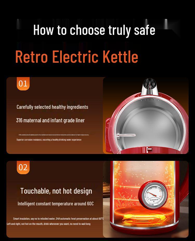 German Retro Electric Kettle with Anti-Scald Design, Constant Temperature Control, and Built-In Thermometer