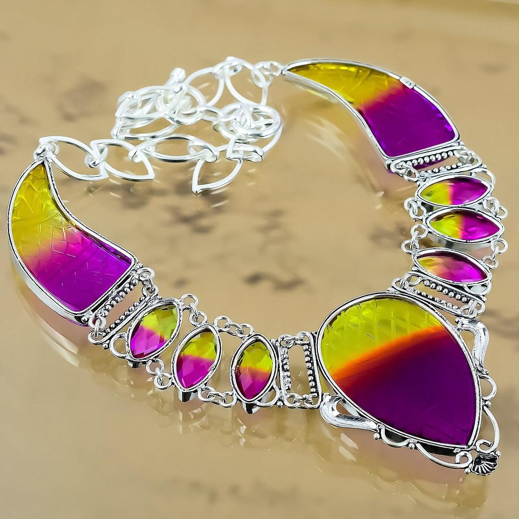 Natural Carved Bi-Color Tourmaline Chain Adjustable Necklace 925 Silver