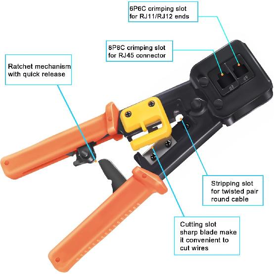 RJ45 Crimp Tool Ethernet Crimper for RJ45 Cat6 Cat5 Cat5e Pass Through Connectors and RJ12 Plug Ends with 50PCS RJ45 Cat6 Connectors, RJ45 Cable