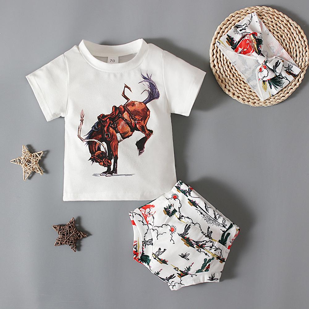 Summer Baby Animal Printed Tee Shirt + Shorts + Headband 3PCS Outfits Clothes for 0-3 Years