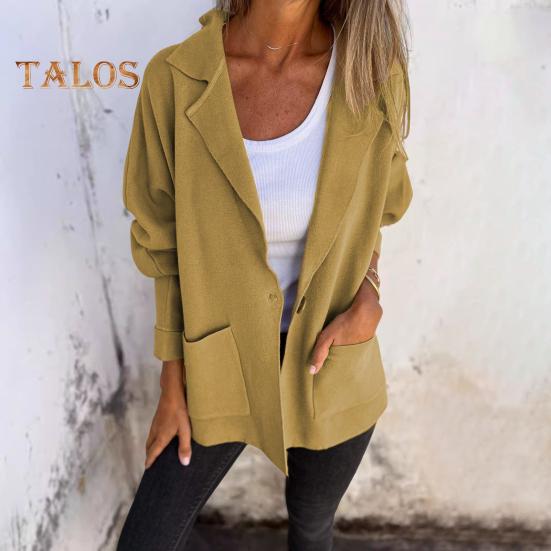 Damen Herbst Winterjacke Reverskragen Lockerer Freizeitmantel mit Tasche Einreihiges Einfarbiges Langarmoberteil