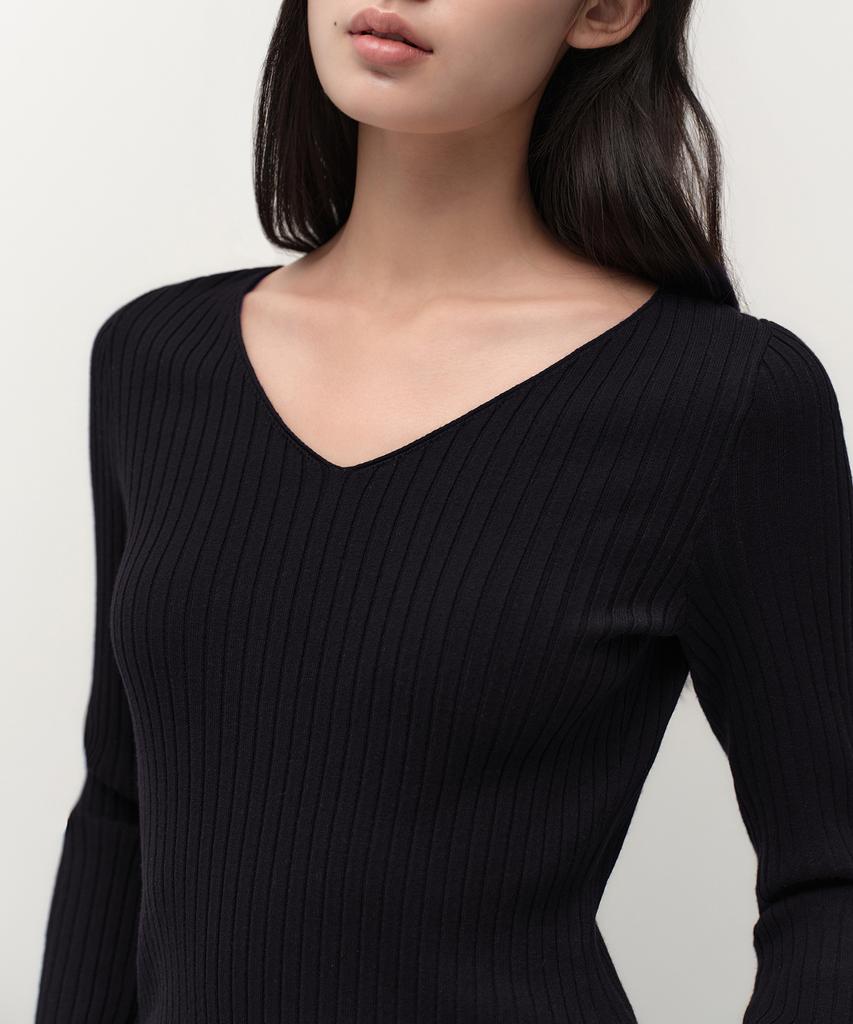 MUSINSA STANDARD WOMAN Women'S Wide Ribbed Slim V-Neck Knit [Black]