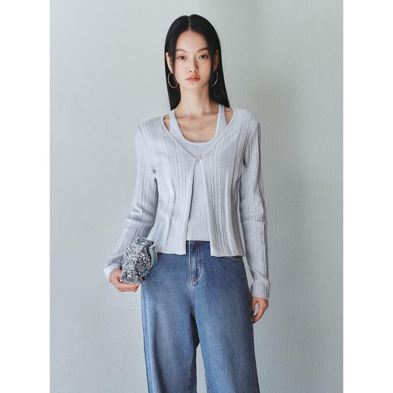 Peacebird Women's Shimmer Texture Faux Two-Piece Knit Top