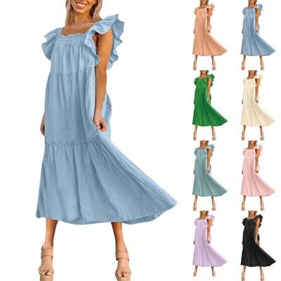 Damen Frühling und Sommer Kleid mit quadratischem Ausschnitt, schulterfreiem Stil, elegantem Rüschenrockkleid