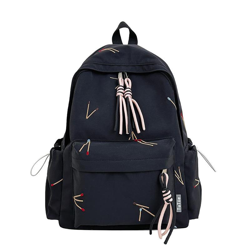 Matchstick Print Backpack for Women and Girls Fashion School Travel Daypack with Tassel Detail