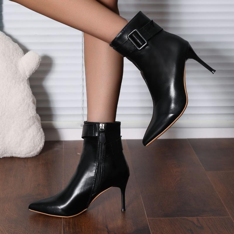 

2025 Высококачественная обувь для женщин Весна и Осень Женские ботинки Однотонные Острый носок Молния Высокий каблук Zapatillas De Mujer 35 чёрный