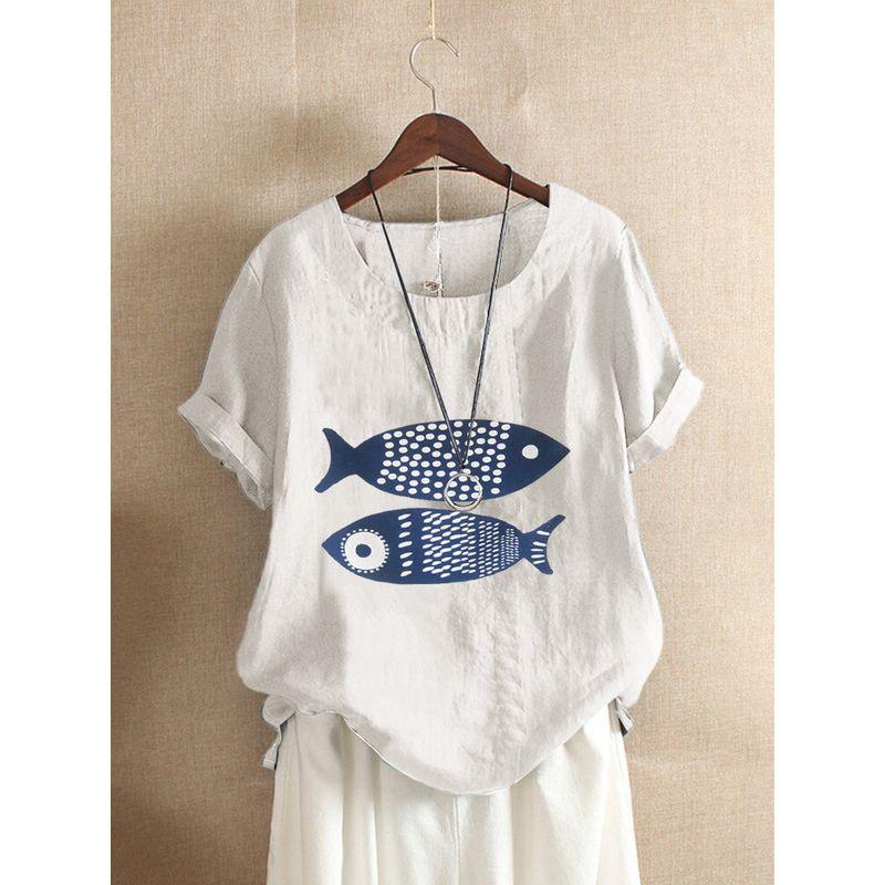 

Fish Pullover Loose Casual Short-Sleeved Shirt Artsy White 3XL