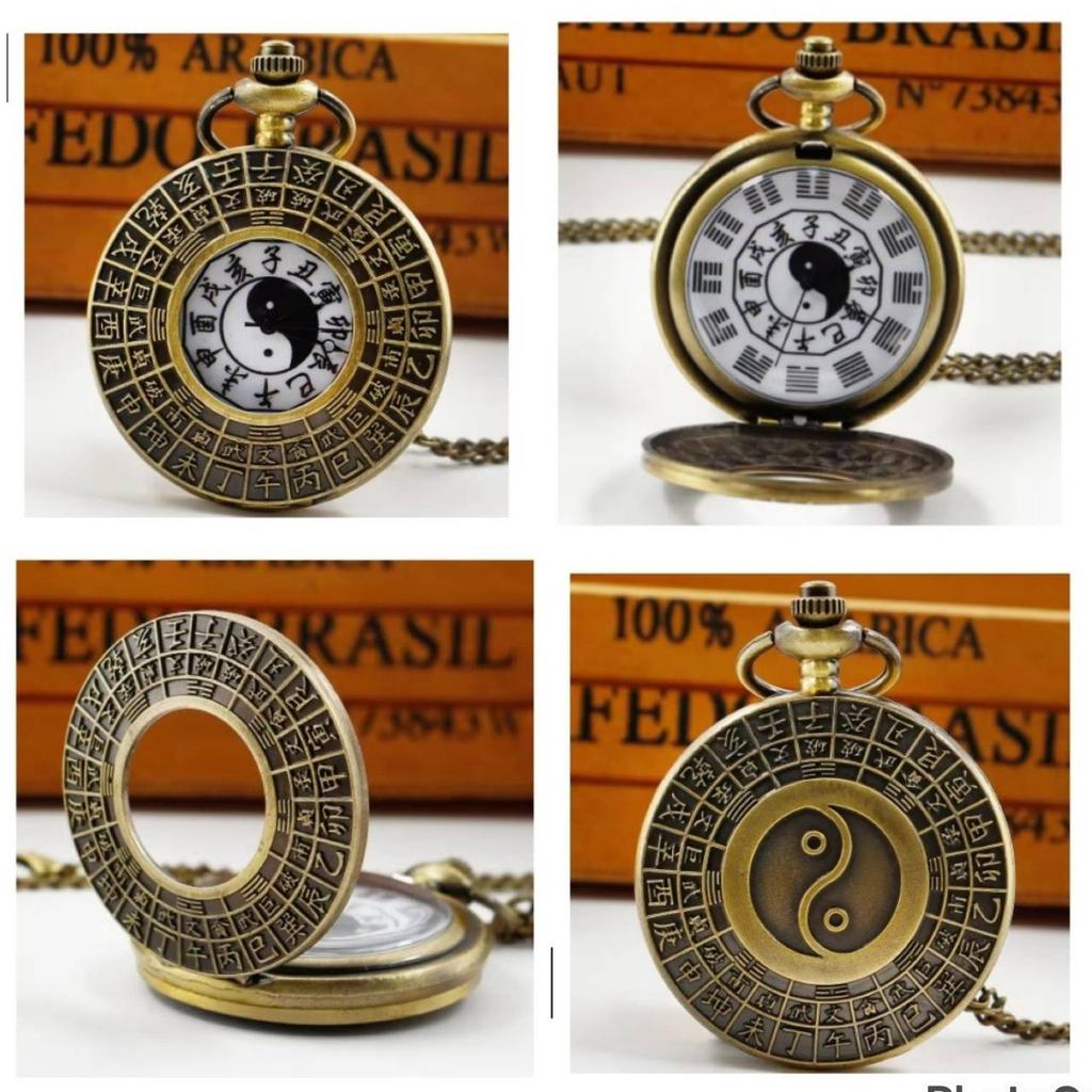Vintage Retro Black White Bronze Chinese Yin Yang Quartz Unisex Men Women Pocket Watch Quartz Necklace Pendant Clock Chain Classic Dial Jewelry Gift