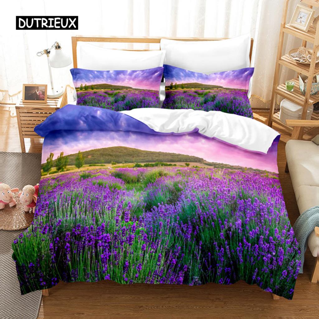 

Фиолетовый лавандовый пододеяльник King Queen с фантазийными цветами, комплект постельного белья для девочек и женщин, красивый романтический цветочный полиэстеровый пододеяльник 140x200cm 3pcs