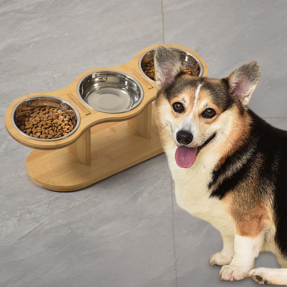 Pet Feeder Bowl Cat Food Bowl with Anti-Knockover Design Elevated Cat Feeder with Wooden Stand Feeding Dish Drinker Pet Supplies