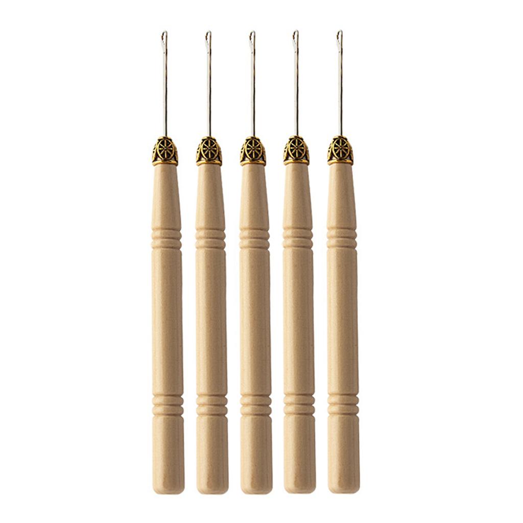 Latch Hook Needle With Wooden Handle Hair Extension Crochet Tool For Beads Feather Hair Rings DIY Hair‑Making Supplies