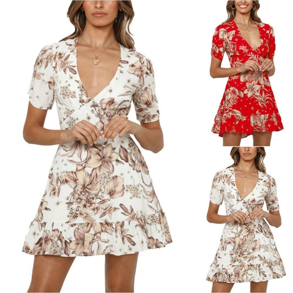 Buy Womens Deep V Neck Floral Slim Fit A-Line Mini Dress Ladies Party ...