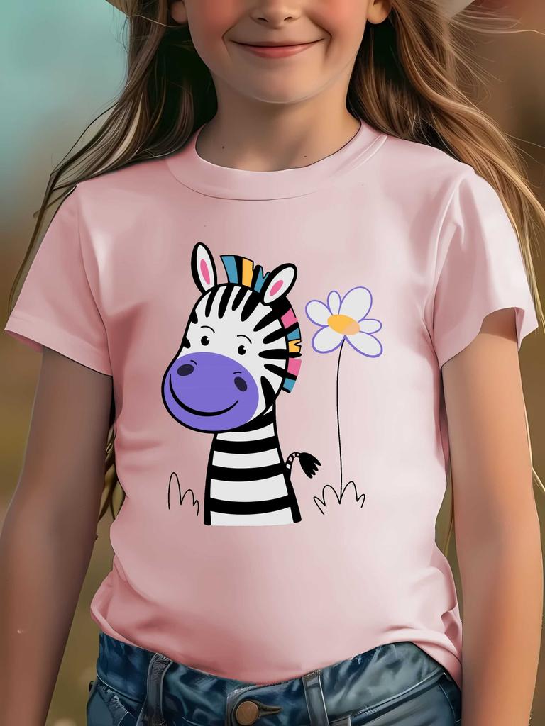 Colorful Mane Zebra And White Daisy Graphic T Shirt Family Matching Boys Girls Kids Short Sleeve Animal Children Daily Tops
