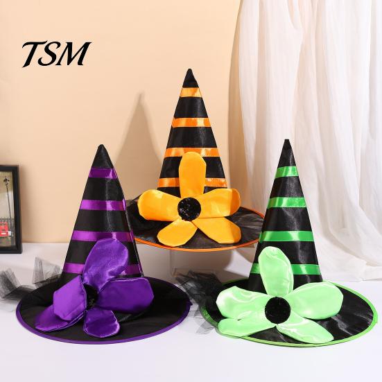 Halloween Costume Hat Witch for Women Girls, Large Striped Wizard Parent Child Festival Photo Props with Flower Accessories, Cosplay, Party Girls