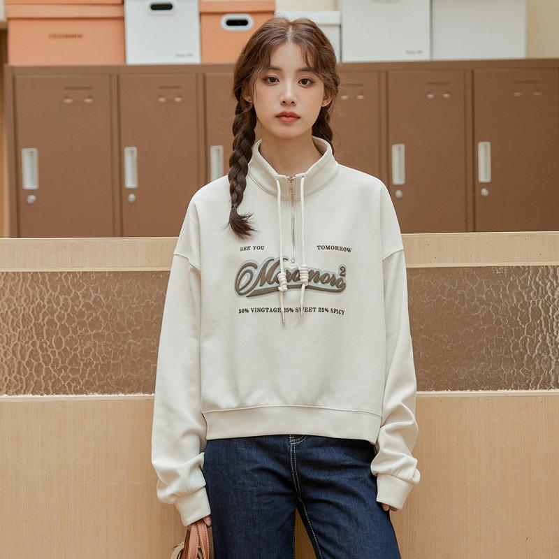 

2025 European Plus Size High Waist Stand Collar Sweatshirt: Spring/Autumn Women s Loose Slimming Short Top 2XL [Recommended 75-85kg]
