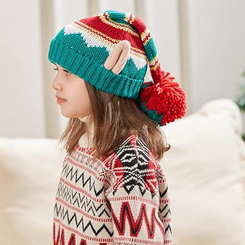 Knit Winter Hat Christmas Ski Hat With Ball And Ears Windproof Holiday Headwear Warm Cozy Beanie For Outdoor Activities
