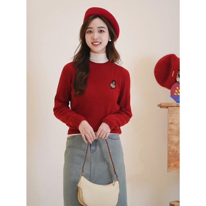 2024 Winter Fushou Sanduo Women's Embroidered Wool Round Neck Sweater Pullover