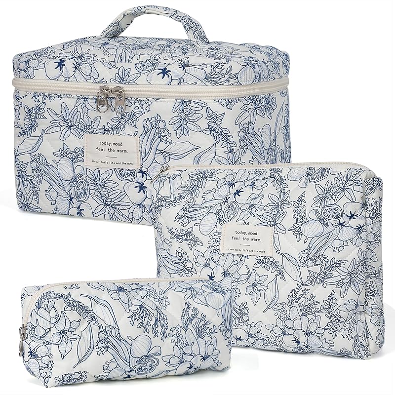 Makeup Bag,Quilted Cosmetic Bag,Large Floral Make Up Bag for Women,Cotton Makeup Bag Set,Flower Travel Toiletry Bag