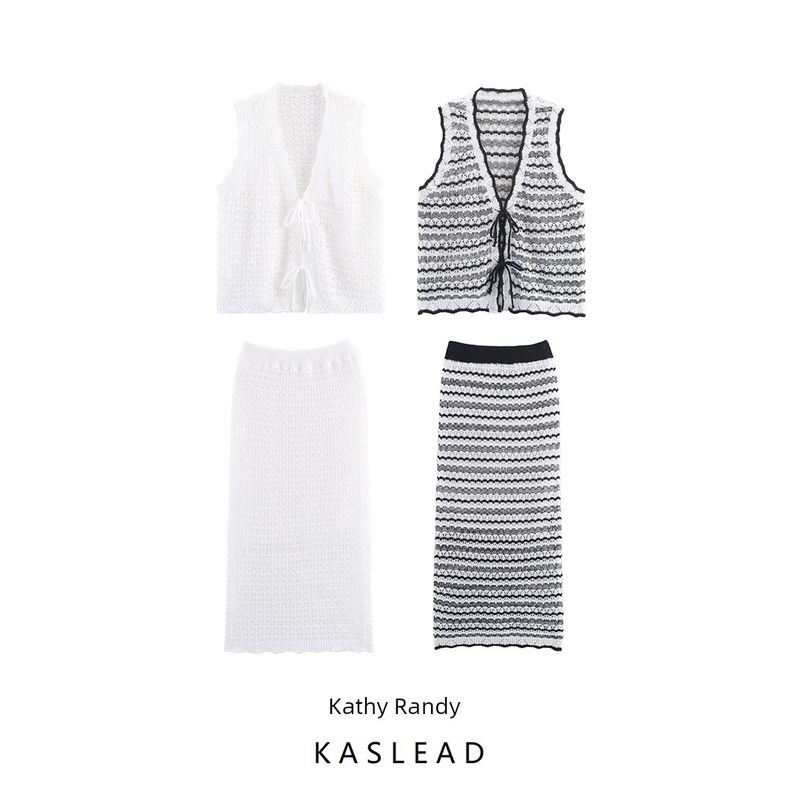 Kaslead New Women Clothes Western Style Fashion Simple Lace-up Knitted Sleeveless Top Skirt Set