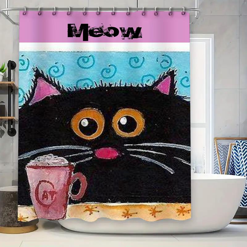 

Whimsical Cat Shower Curtain Set with Meow Text for Bathroom Decor Black Furry Kitten Pattern Bath Mat Mug Cup Holder Perfect Gi 90x180cm