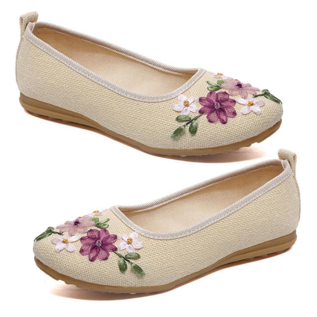 Vintage Embroidered Women Flats Flower Slip On Round Toe Shoes Loafers Ballerina