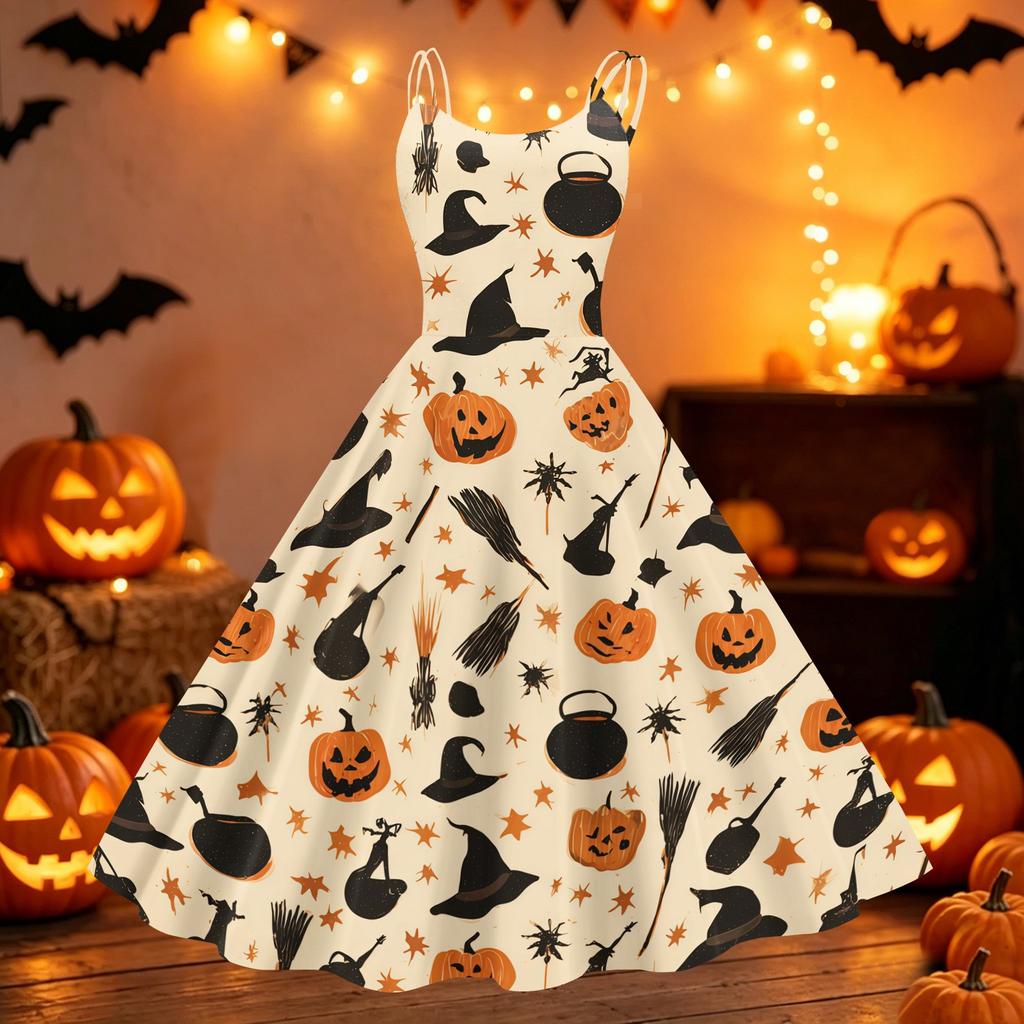 Womens Halloween Spider Web Pumpkin Print Vintage Punk Off Shoulder Dress Sleeveless Flared Skirt Party Costume Dress
