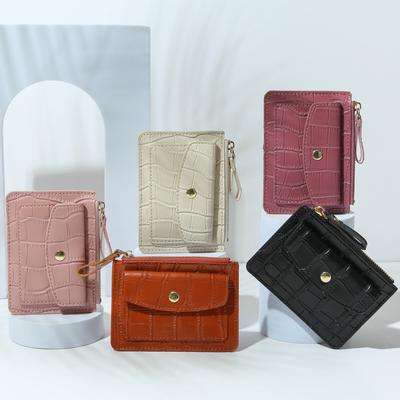 Women Short Hand-held Wallet Simple PU Leather Multi-Slot Zipper Keychain Small Card Bag Holder Crocodile Pattern Coin Purses