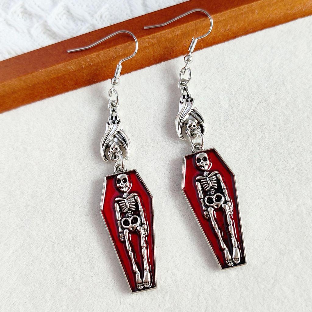 Retro Skull Coffin Skeleton Pendant Earrings for Halloween